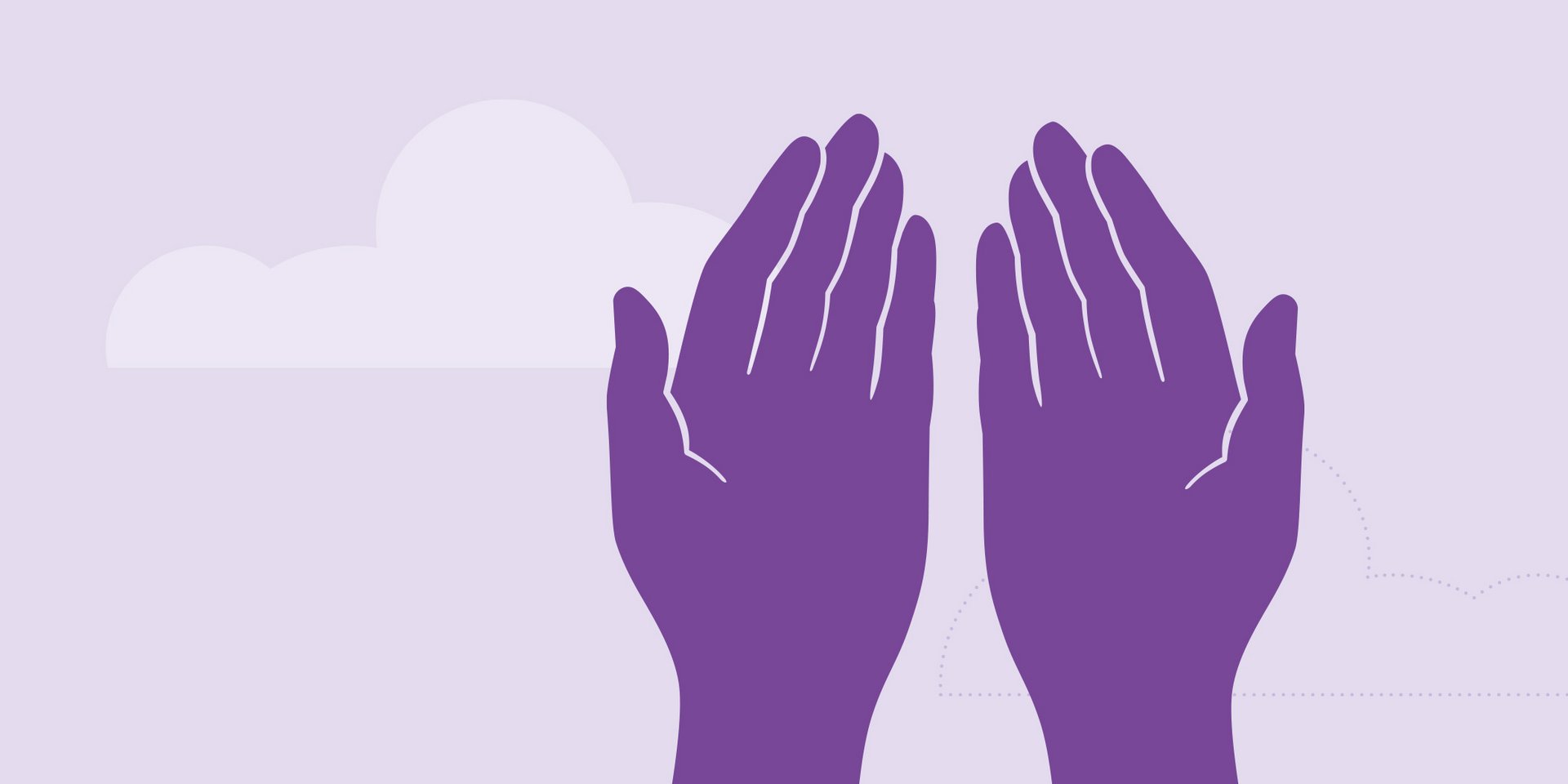 Lilafarbene Illustration zweier Hände, die Anstalten machen, sich zum Gebet zusammenzuführen.