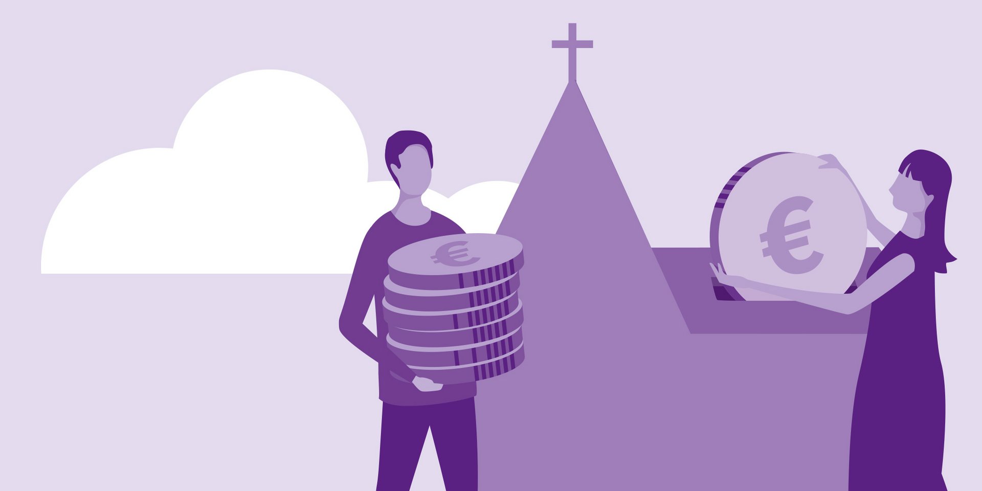 Zwei Personen befüllen eine übergroße Kirchenspardose mit übergroßen Geldmünzen